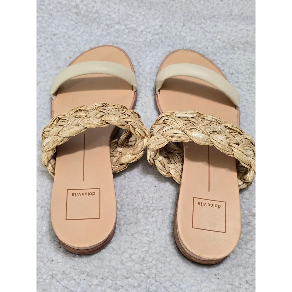 Dolce Vita Womens Sz 8 Braided Raffia Slide Sandals Cream Tan Flat Summer Shoes